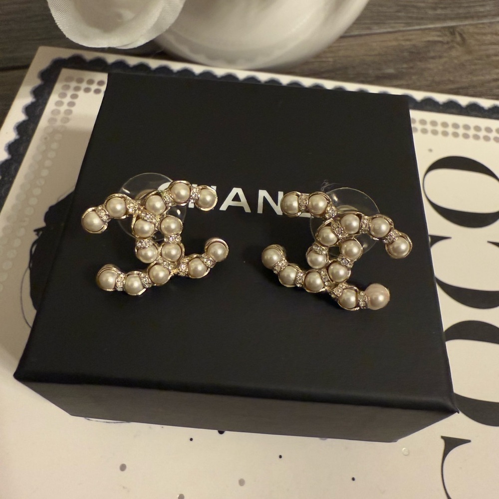 Chanel Large Crystal Faux Pearl CC Statement Earrings